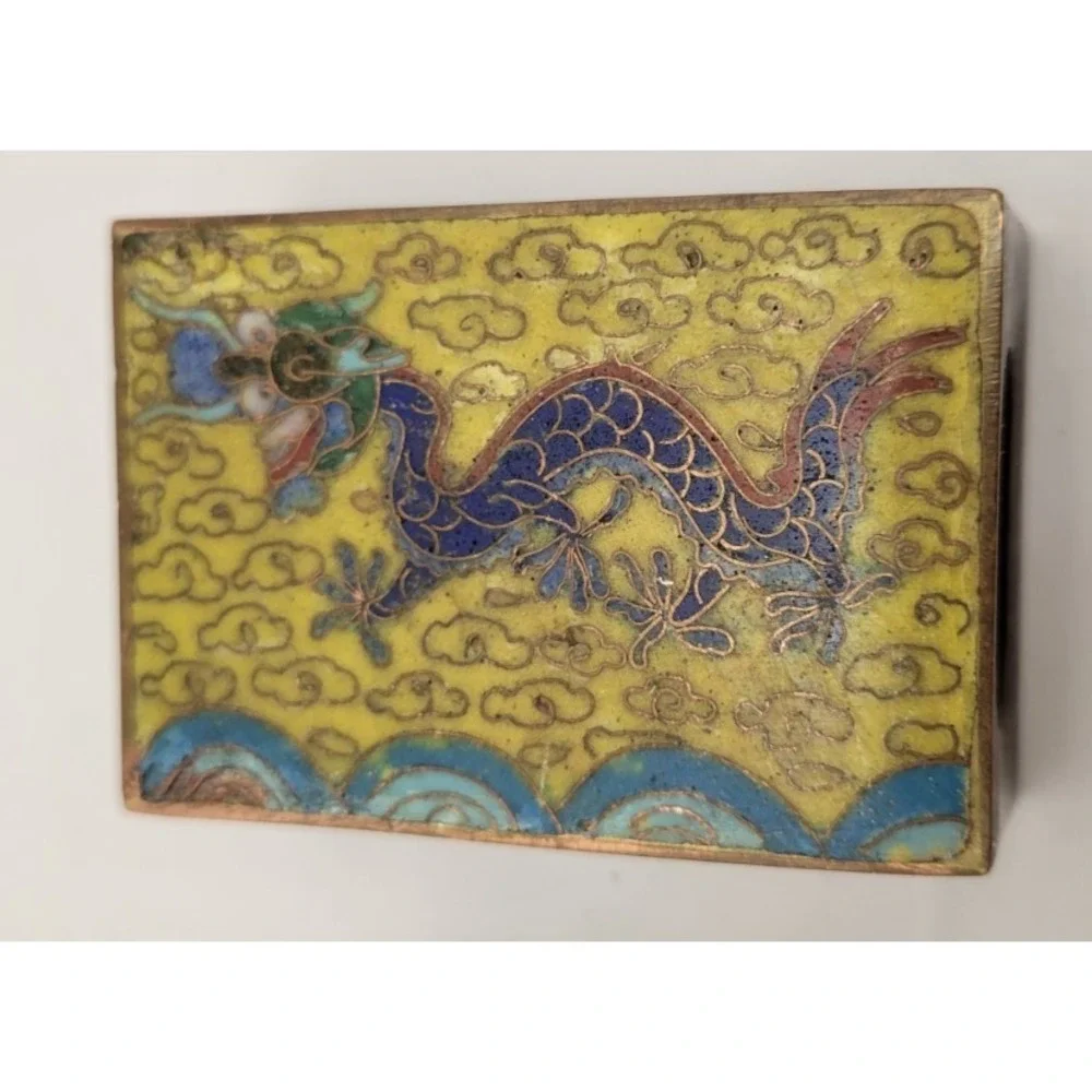 Lot of 3 vintage Chinese cloisonné enamel brass matchbox holders Dragon Flowers